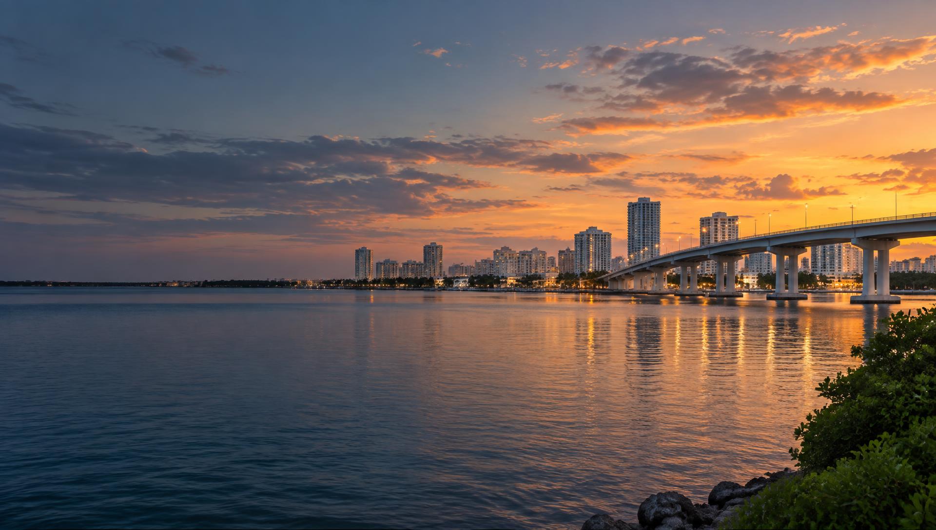 The Clearwater skyline and Memorial Causeway across the waterfront at sunset