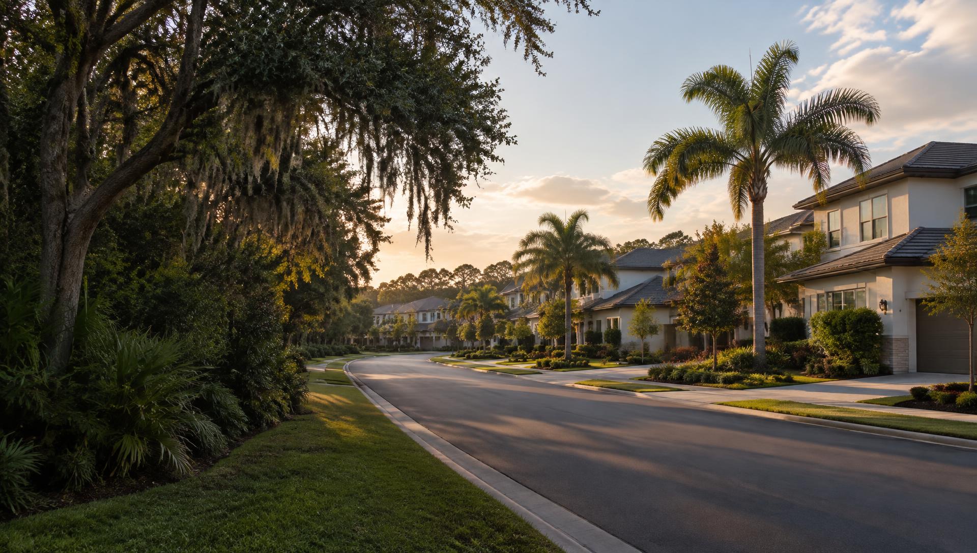 A residential street lined with palms and contemporary homes in Wesley Chapel