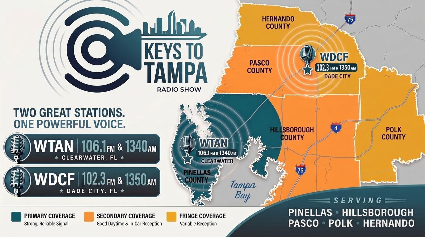 Radio coverage map showing WTAN from Clearwater and WDCF from Dade City across Pinellas, Hillsborough, Pasco, Polk, and Hernando counties