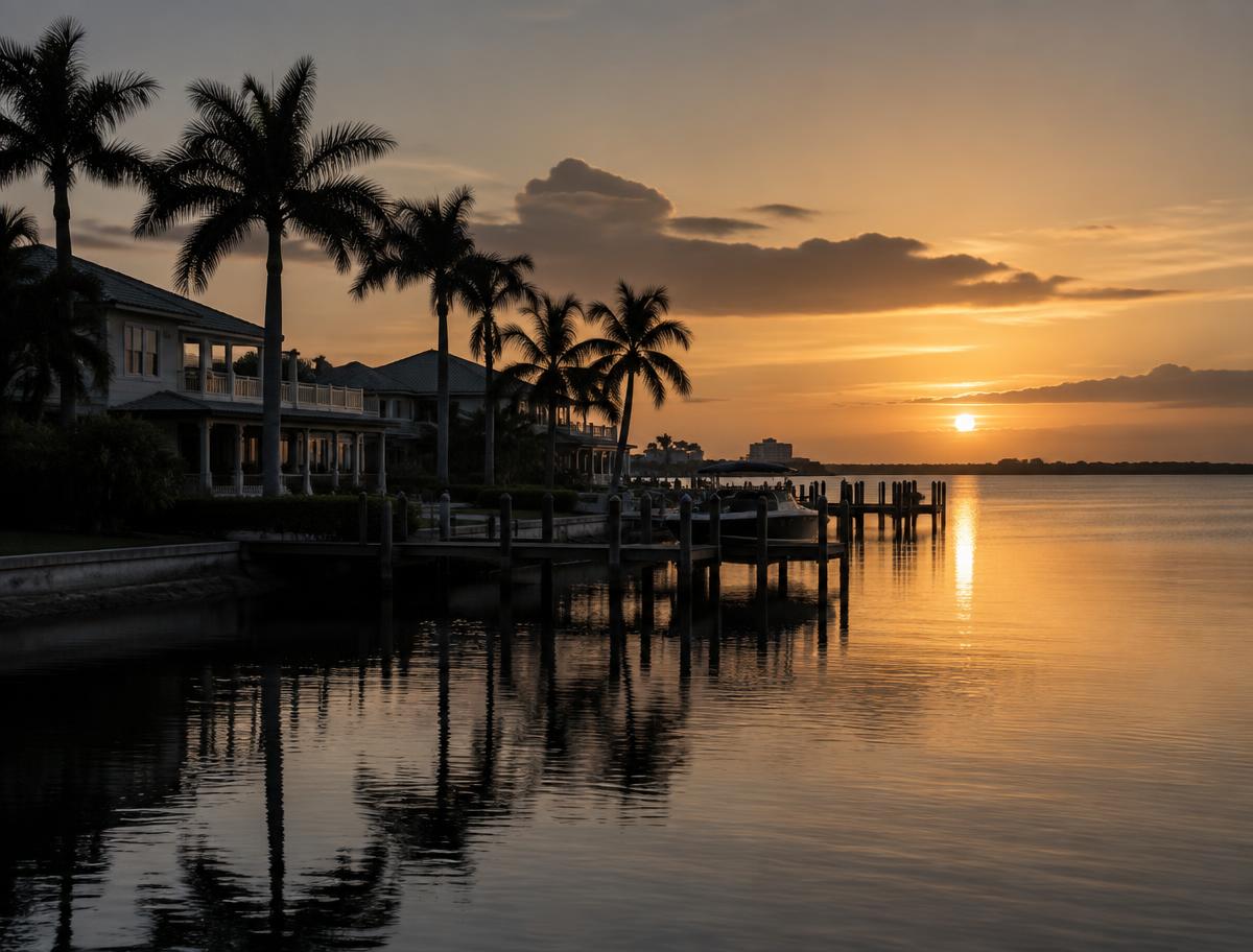 Waterfront homes along Tampa Bay at golden hour